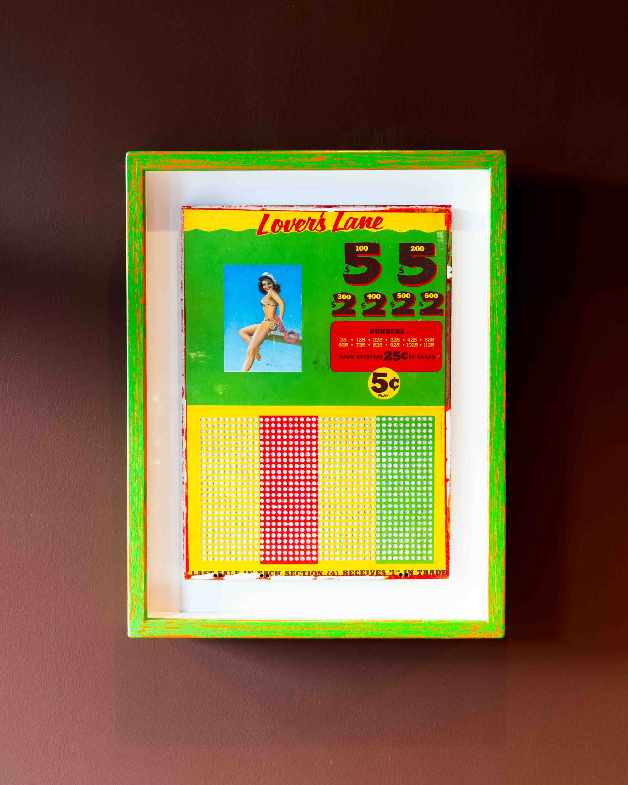 Framed vintage lottery ticket, five cents